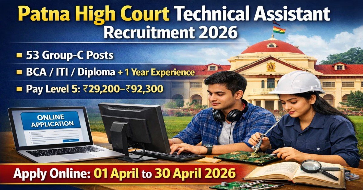 Patna High Court Technical Assistant Recruitment 2026 notification for 53 Group-C posts with BCA, ITI or Diploma eligibility and online application dates 1 April to 30 April 2026.