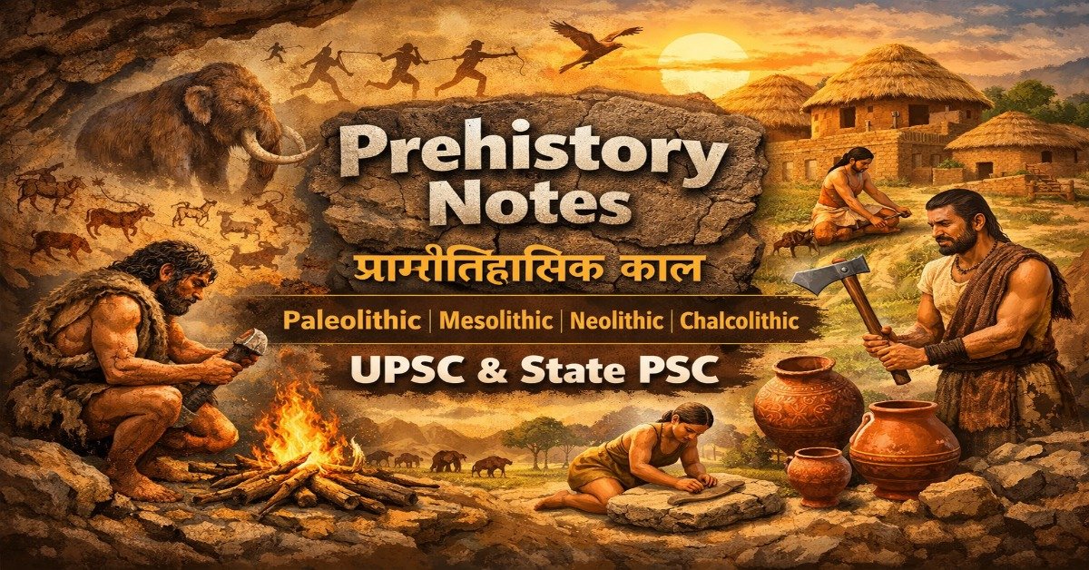 Prehistory Notes for UPSC and State PSC showing Paleolithic, Mesolithic, Neolithic and Chalcolithic periods with early human life, tools, cave art and village development