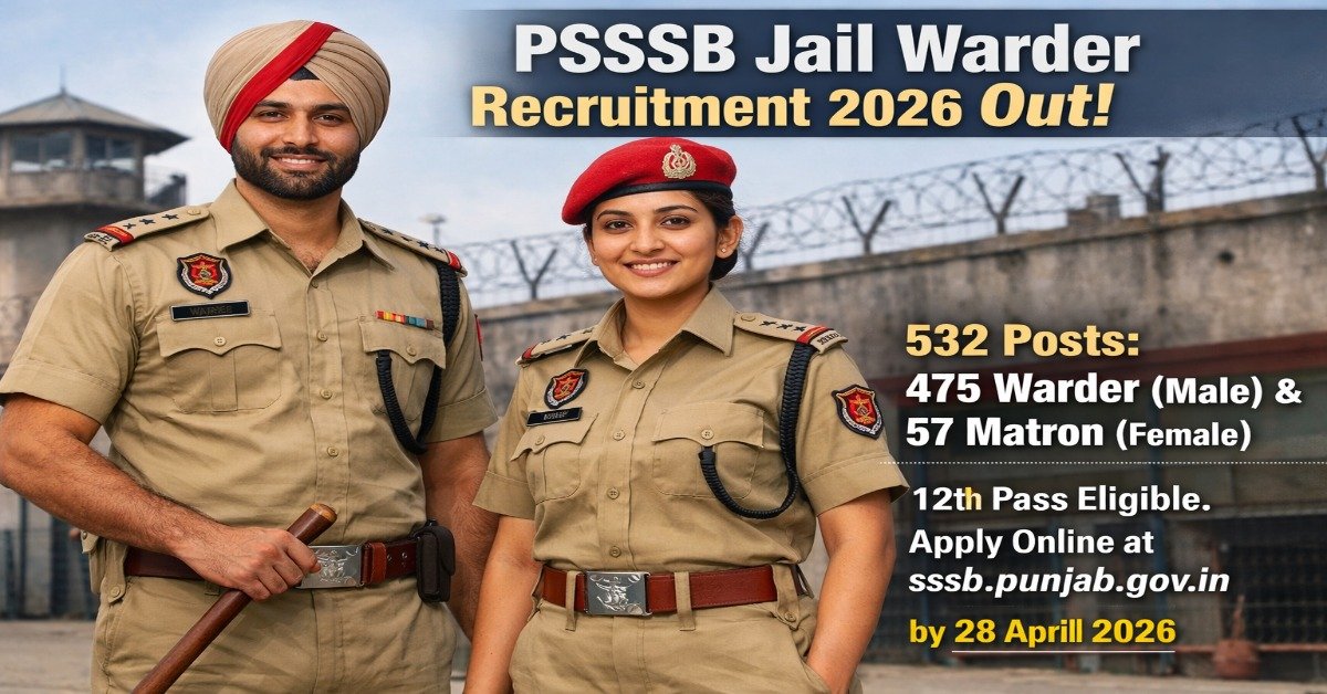 PSSSB Jail Warder Recruitment 2026 for 532 posts including Warder and Matron apply online last date 28 April