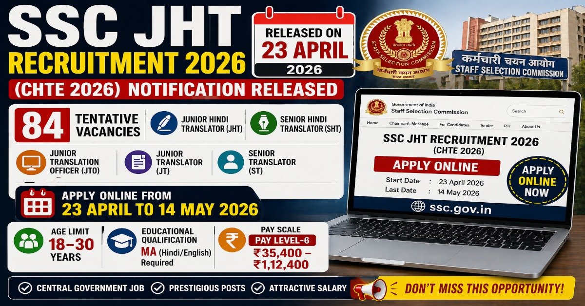 SSC JHT Recruitment 2026 apply online for Junior Hindi Translator Senior Hindi Translator 84 vacancies CHTE 2026 notification