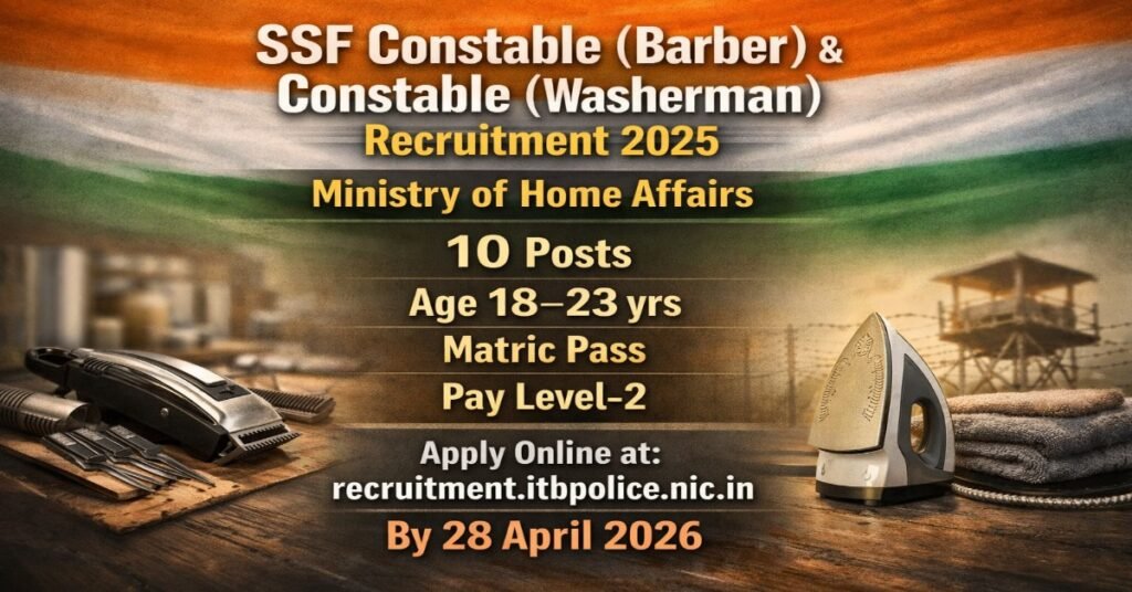 SSF Constable Barber and Constable Washerman Recruitment 2025 featured image for 10 posts under Ministry of Home Affairs apply online by 28 April 2026