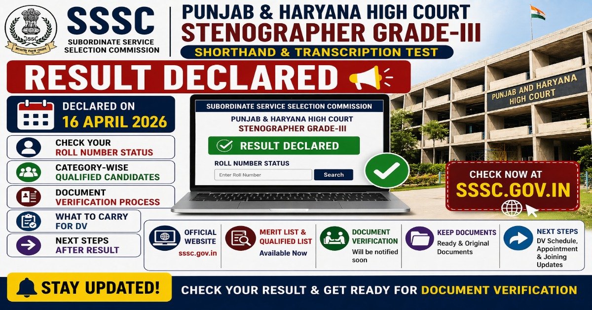 SSSC Stenographer Grade 3 Result 2026 Punjab Haryana High Court shorthand transcription test result declared 16 April