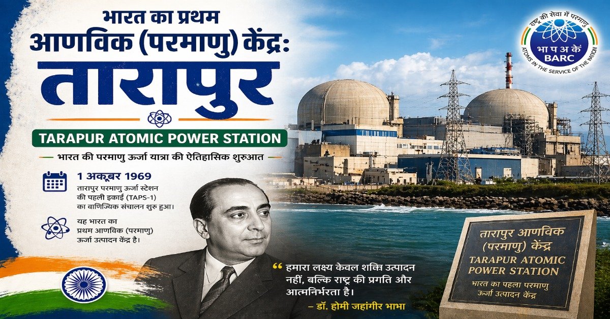 भारत का प्रथम आणविक परमाणु केंद्र तारापुर (Tarapur Atomic Power Station) featured image with nuclear plant and Dr Homi Bhabha