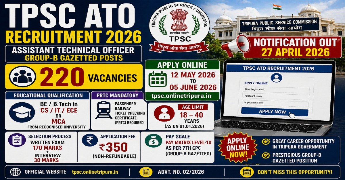 TPSC ATO Recruitment 2026 apply online 220 assistant technical officer group b gazetted posts Tripura PSC engineering jobs
