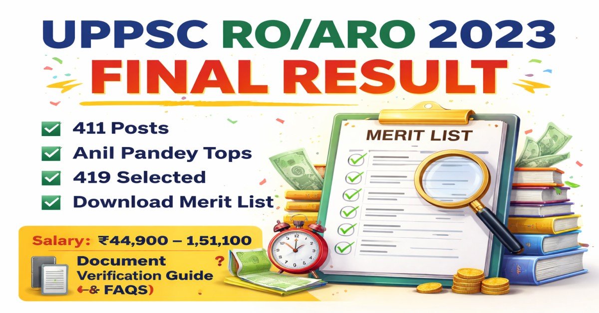 UPPSC RO ARO 2023 Final Result 2026 featured image showing 411 posts, 419 selected candidates, merit list PDF, salary details and document verification guide