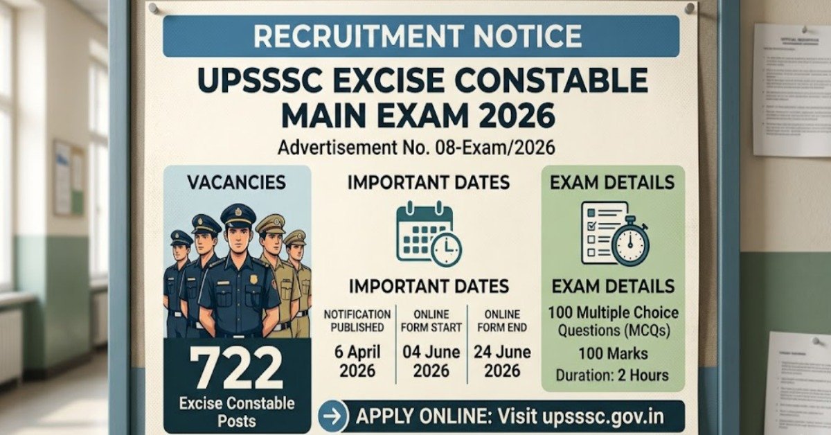 UPSSSC Excise Constable Main Exam 2026 notification for 722 vacancies with exam pattern and application dates