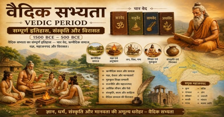 वैदिक सभ्यता (1500 BCE – 500 BCE) का चित्र — चार वेद, ऋग्वैदिक समाज, यज्ञ, गुरुकुल शिक्षा, महाजनपद और वैदिक संस्कृति का दृश्य