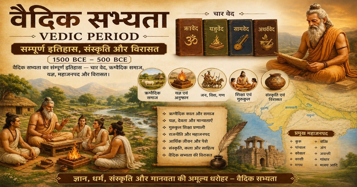 वैदिक सभ्यता (1500 BCE – 500 BCE) का चित्र — चार वेद, ऋग्वैदिक समाज, यज्ञ, गुरुकुल शिक्षा, महाजनपद और वैदिक संस्कृति का दृश्य