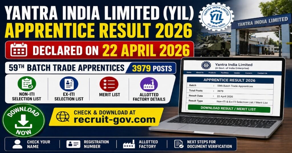 Yantra India Limited YIL Apprentice Result 2026 merit list download for 59th batch trade apprentices non ITI ex ITI selection list