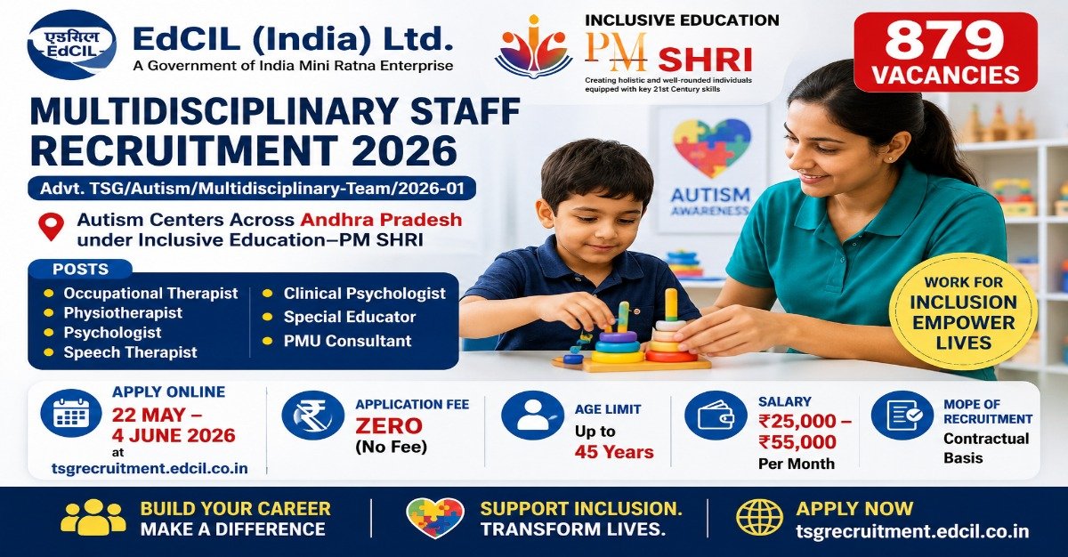 EdCIL India Ltd Multidisciplinary Staff Recruitment 2026 notification for 879 vacancies at Autism Centers across Andhra Pradesh under PM SHRI Inclusive Education programme.