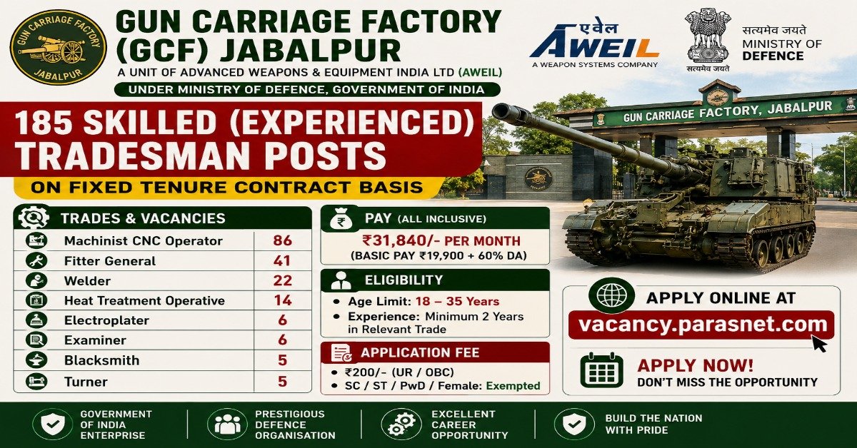 Gun Carriage Factory GCF Jabalpur Skilled Tradesman Recruitment 2026 featured image for 185 vacancies under AWEIL Ministry of Defence