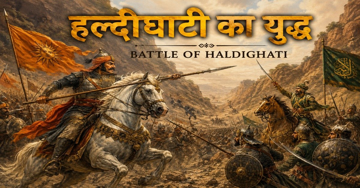 महाराणा प्रताप और मुगल सेना के बीच हल्दीघाटी के युद्ध का ऐतिहासिक दृश्य