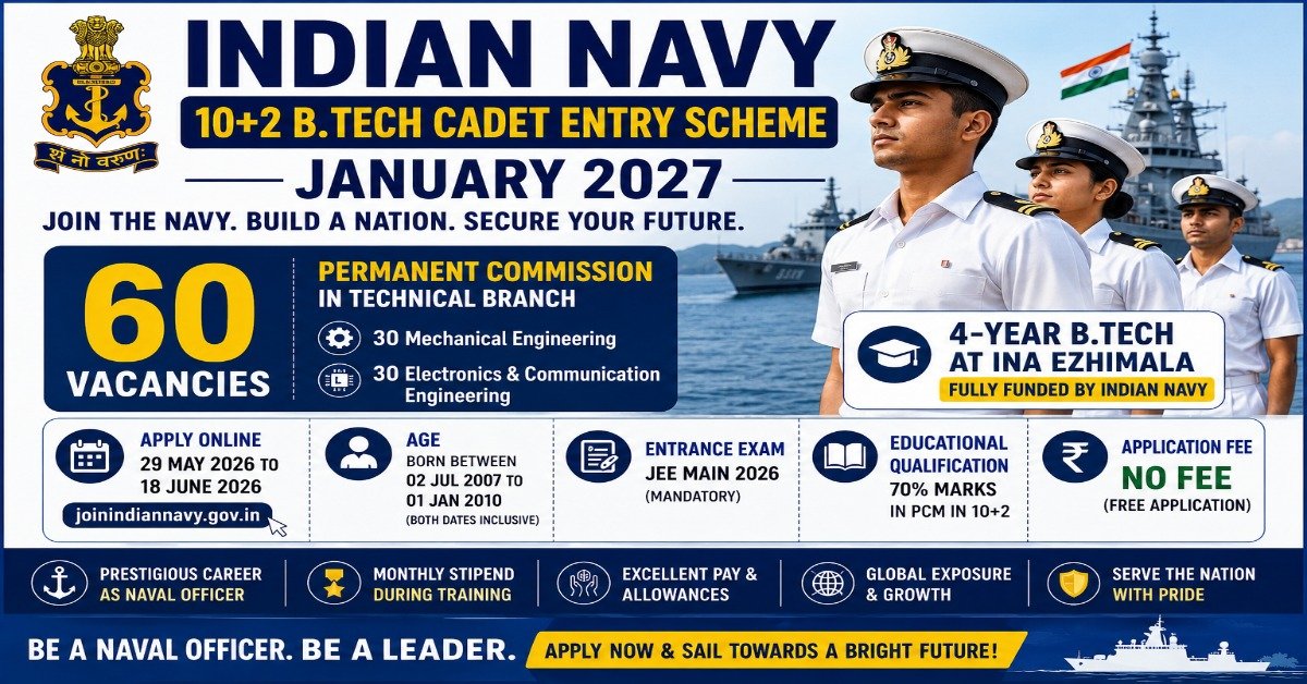 Indian Navy 10+2 B.Tech Cadet Entry Scheme January 2027 notification image showing 60 technical branch vacancies