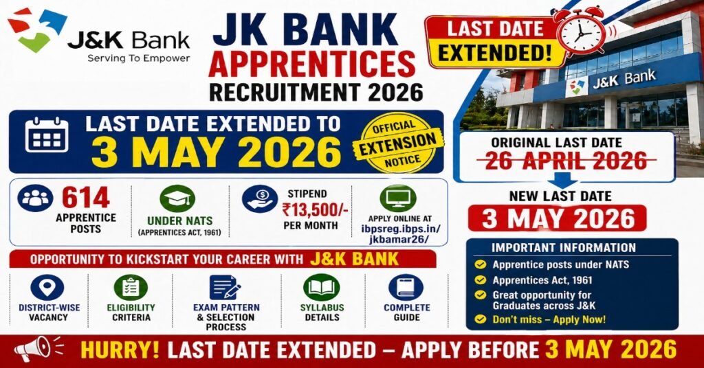 JK Bank Apprentices Recruitment 2026 last date extended to 3 May apply online 614 apprentice posts official extension notice