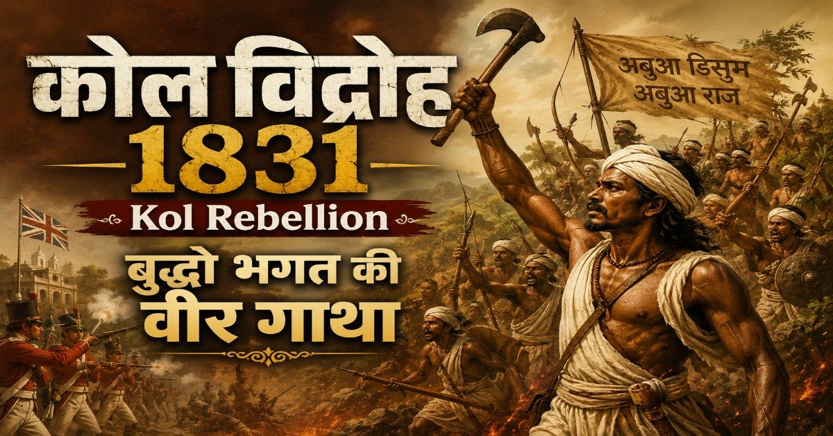 कोल विद्रोह 1831 में बुद्धो भगत ब्रिटिश सेना के खिलाफ आदिवासी योद्धाओं का नेतृत्व करते हुए