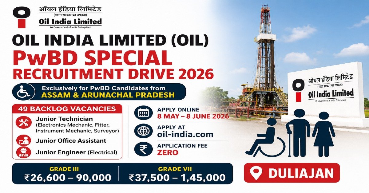 Oil India Limited OIL PwBD Special Recruitment Drive 2026 featured image showing 49 backlog vacancies for Junior Technician, Junior Engineer and Office Assistant posts in Duliajan