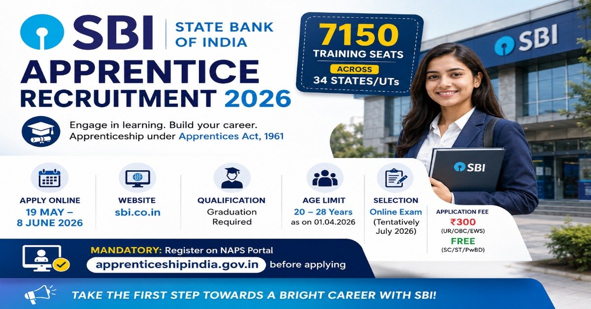 SBI Apprentice Recruitment 2026 notification image showing 7150 apprentice vacancies across India with apply dates, eligibility, and SBI banking career theme.