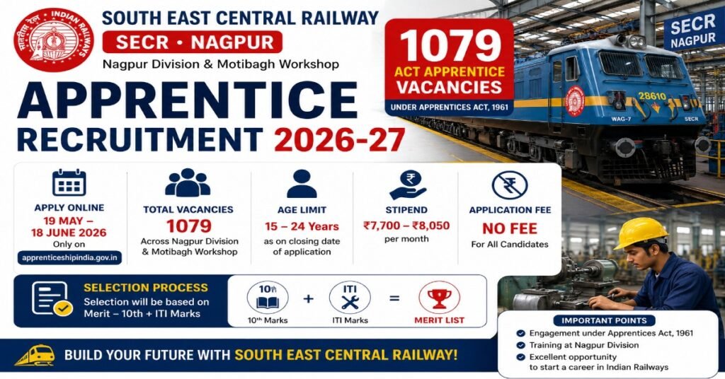 SECR Nagpur Apprentice Recruitment 2026 notification image showing 1079 apprentice vacancies, railway workshop theme, stipend, and merit-based selection details.