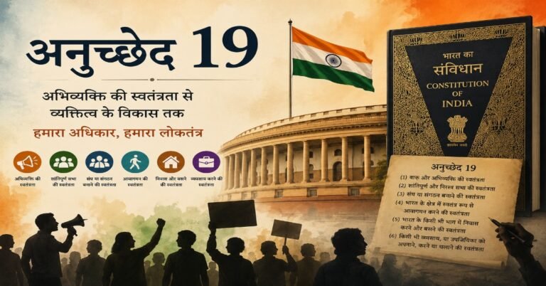 भारतीय संविधान के अनुच्छेद 19 को दर्शाता चित्र, जिसमें संसद भवन, संविधान की पुस्तक, तिरंगा और अभिव्यक्ति की स्वतंत्रता से जुड़े प्रतीक दिखाए गए हैं।