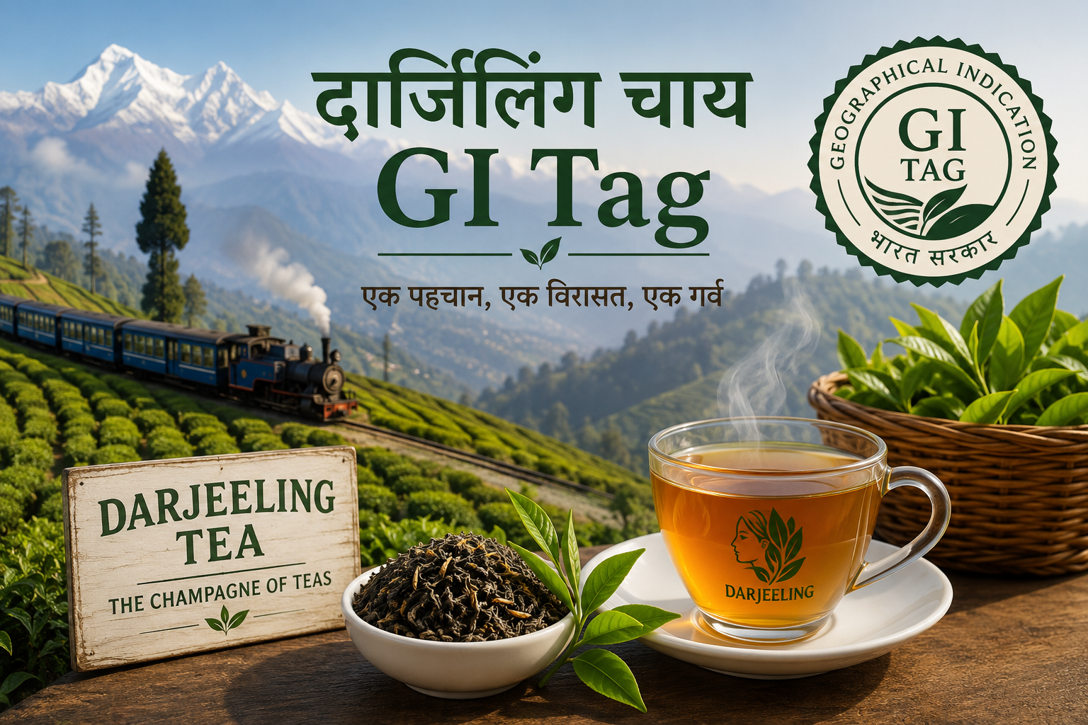 दार्जिलिंग चाय GI Tag के साथ चाय बागान, हिमालयी पर्वत और गर्म चाय का कप