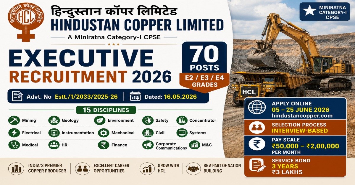 Hindustan Copper Limited HCL Executive Recruitment 2026 notification for 70 executive posts in Mining, Geology, Electrical, Mechanical, Civil, HR, Finance and other disciplines with salary up to ₹2 lakh per month.