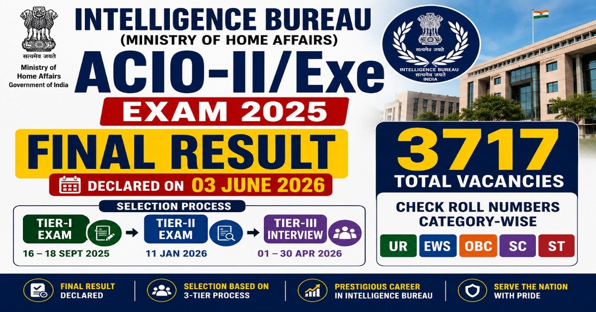 IB ACIO-II Executive Final Result 2025 declared by Intelligence Bureau with 3717 vacancies and category-wise roll numbers for UR, EWS, OBC, SC and ST candidates.