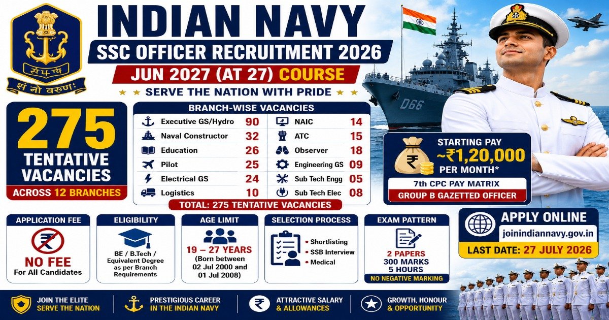 Indian Navy SSC Officer Recruitment 2026 notification for 275 Short Service Commission Officer vacancies across Executive, Engineering, Education, Logistics, ATC, Pilot and other branches.