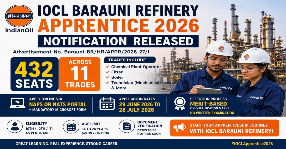 IOCL Barauni Refinery Apprentice 2026 notification for 432 apprentice seats across 11 trades with online application dates and merit-based selection.