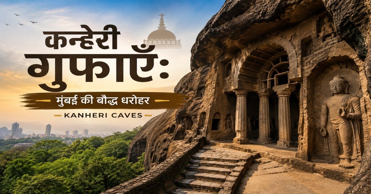 कन्हेरी गुफाएँ मुंबई की प्राचीन बौद्ध धरोहर, चट्टानों को काटकर बनाई गई गुफाएँ और बुद्ध प्रतिमा का दृश्य।