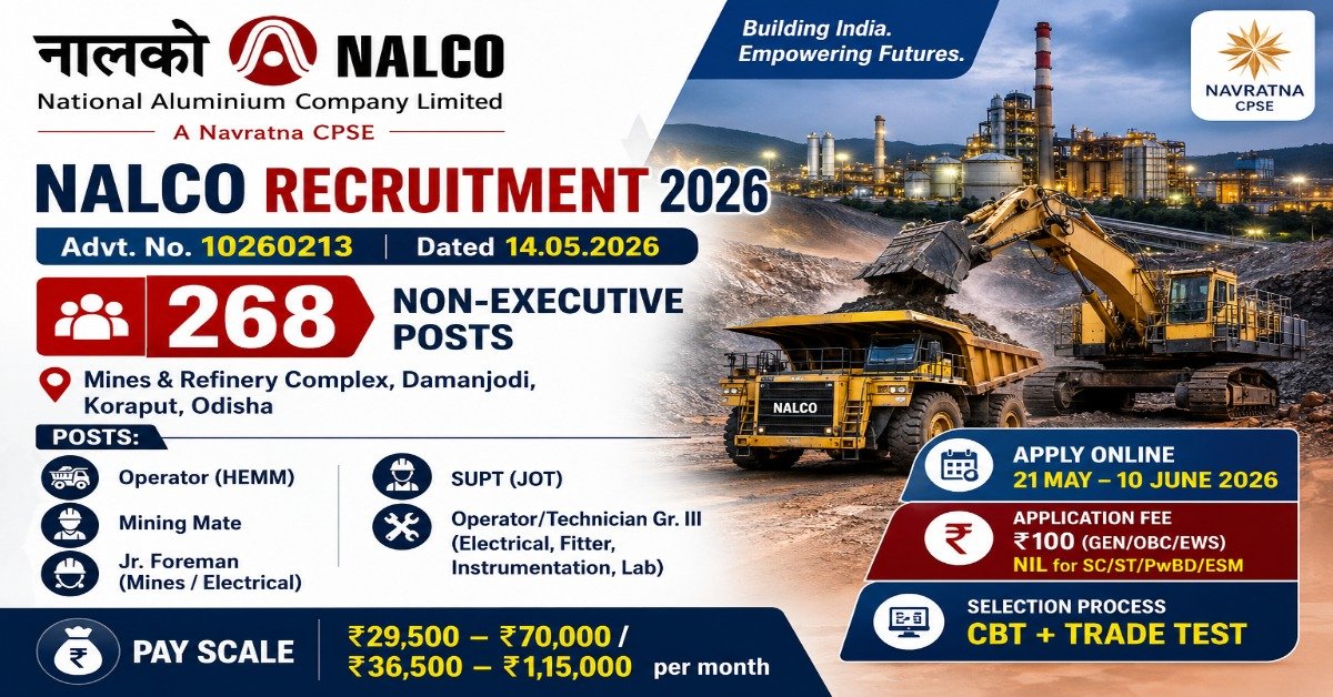 NALCO Recruitment 2026 notification for 268 Non-Executive posts including Operator HEMM, Mining Mate, Junior Foreman and Technician positions at Mines and Refinery Complex Damanjodi Koraput Odisha.