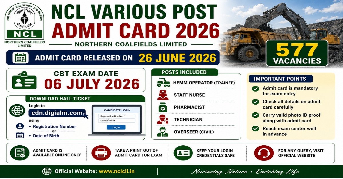 NCL Various Post Admit Card 2026 released for HEMM Operator, Staff Nurse, Pharmacist, Technician, and Overseer CBT exam.