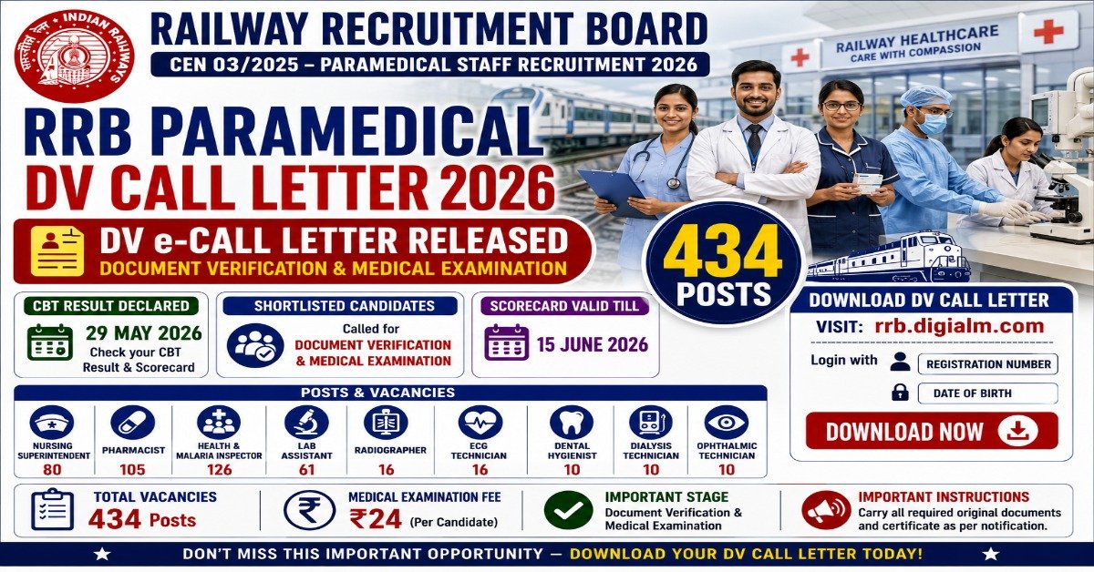RRB Paramedical Staff DV Call Letter 2026 released for 434 vacancies including Nursing Superintendent, Pharmacist, Radiographer and Lab Assistant posts.