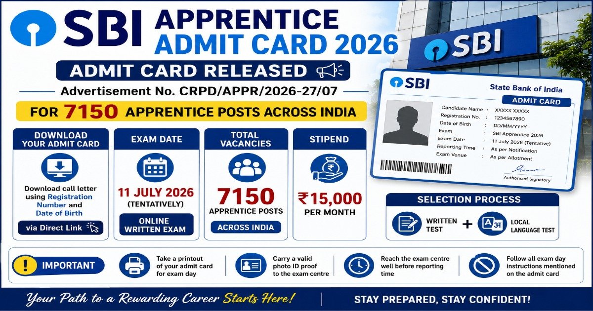 SBI Apprentice Admit Card 2026 released for 7,150 Apprentice vacancies. Download the hall ticket for the online written exam.