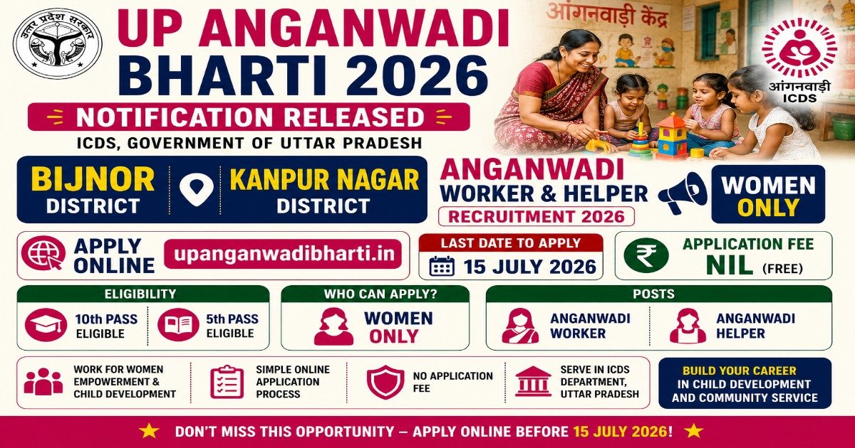 UP Anganwadi Bharti 2026 notification for Anganwadi Worker and Helper posts in Bijnor and Kanpur Nagar districts.
