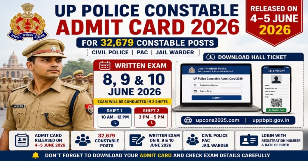 UP Police Constable Admit Card 2026 released for 32,679 Constable posts including Civil Police, PAC, and Jail Warder. Candidates can download hall tickets for the written exam scheduled on 8, 9, and 10 June 2026.