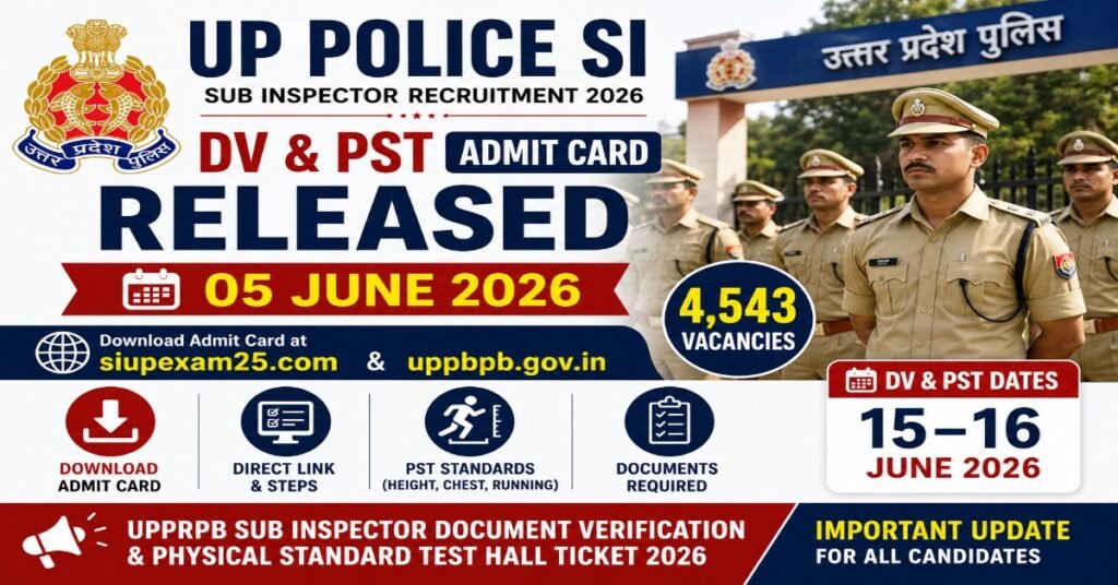 UP Police SI DV PST Admit Card 2026 released for 4543 Sub Inspector vacancies with document verification and physical standard test scheduled on 15 and 16 June 2026.