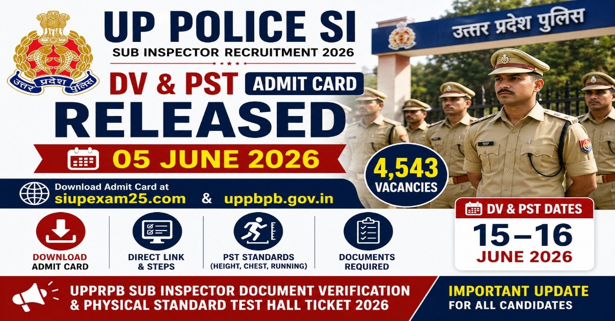 UP Police SI DV PST Admit Card 2026 released for 4543 Sub Inspector vacancies with document verification and physical standard test scheduled on 15 and 16 June 2026.