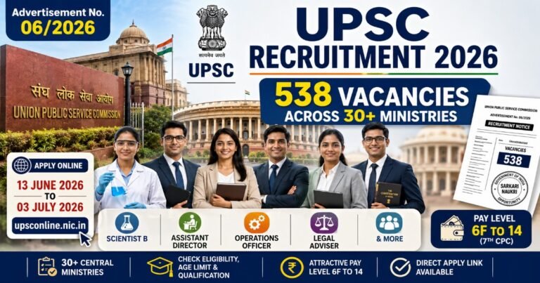 UPSC Recruitment 2026 featured image showing 538 vacancies across central ministries for Scientist B, Assistant Director, Operations Officer, Legal Adviser and other posts under Advertisement No. 06/2026.