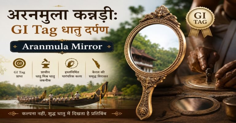 केरल की पारंपरिक अरनमुला कन्नड़ी (Aranmula Mirror), एक हस्तनिर्मित धातु दर्पण जिसे GI Tag प्राप्त है, साथ में कारीगर और पारंपरिक कला का दृश्य।