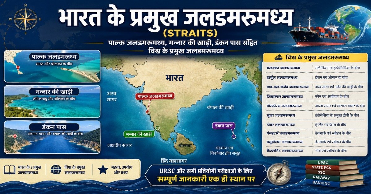 भारत के प्रमुख जलडमरूमध्य (Straits) – पाल्क जलडमरूमध्य, मन्नार की खाड़ी, डंकन पास तथा विश्व के प्रमुख जलडमरूमध्य का मानचित्र और सम्पूर्ण सूची।