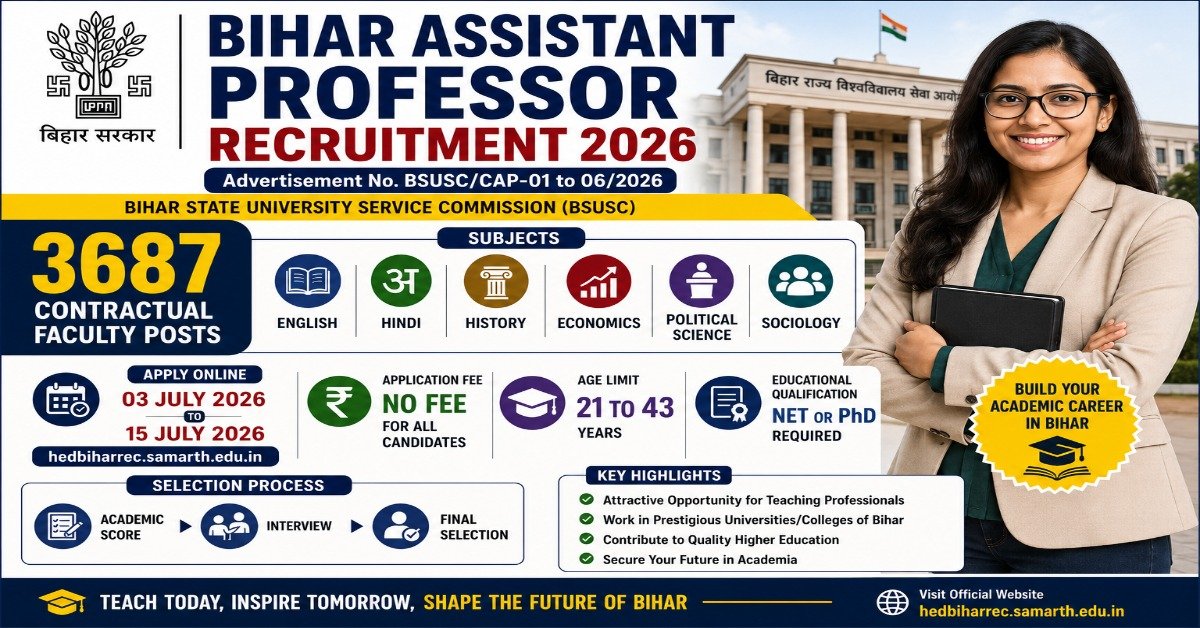 Bihar Assistant Professor Recruitment 2026 notification for 3687 contractual faculty posts with NET or PhD eligibility, application dates, and selection process.