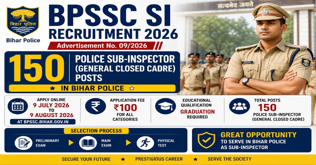 BPSSC SI Recruitment 2026 notification for 150 Bihar Police Sub-Inspector (General Closed Cadre) vacancies with eligibility, application dates, and selection process.