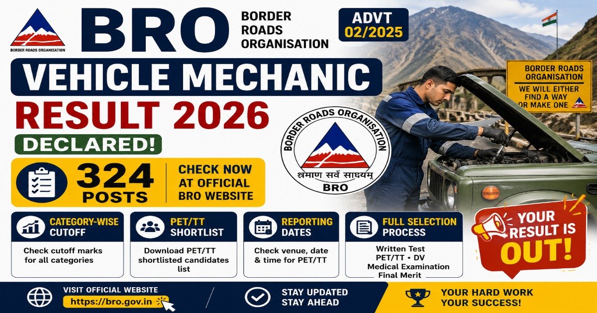 BRO Vehicle Mechanic Result 2026 declared for Advertisement 02/2025 with category-wise cutoff, PET/TT shortlist, reporting dates, and selection process.