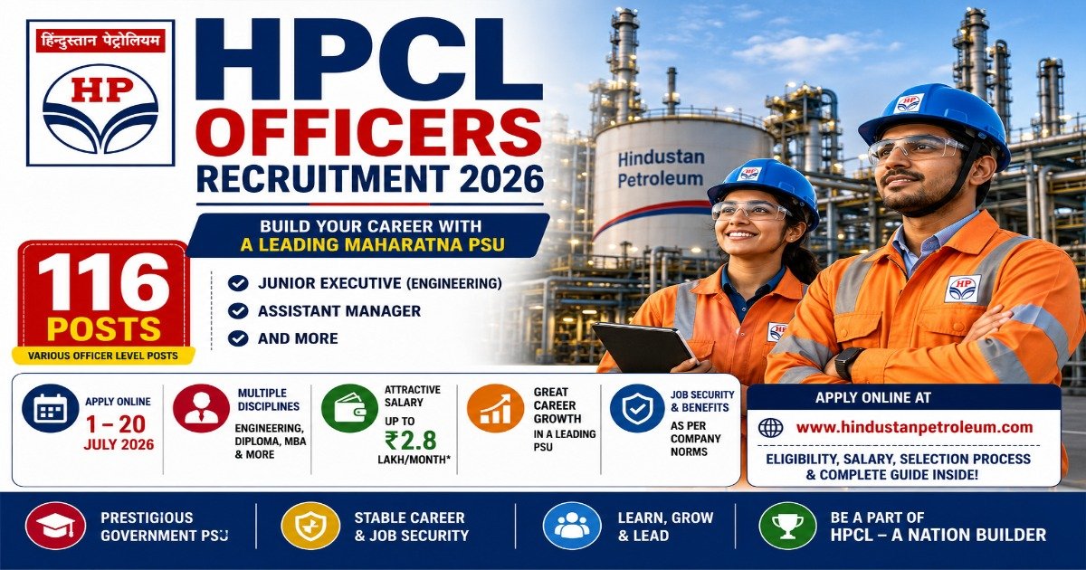 HPCL Officers Recruitment 2026 notification for 116 Junior Executive, Assistant Manager and other officer vacancies with eligibility, salary and online application details.
