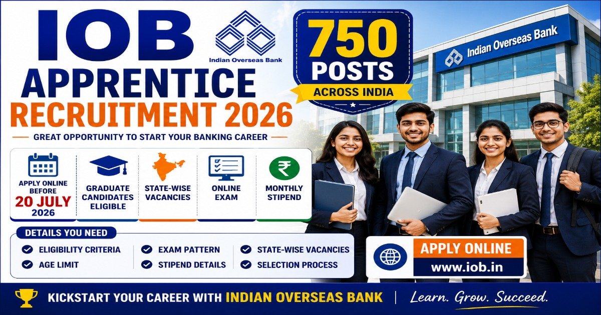 IOB Apprentice Recruitment 2026 notification for 750 apprentice posts with eligibility, age limit, stipend, exam pattern, state-wise vacancies and apply online before 20 July 2026.