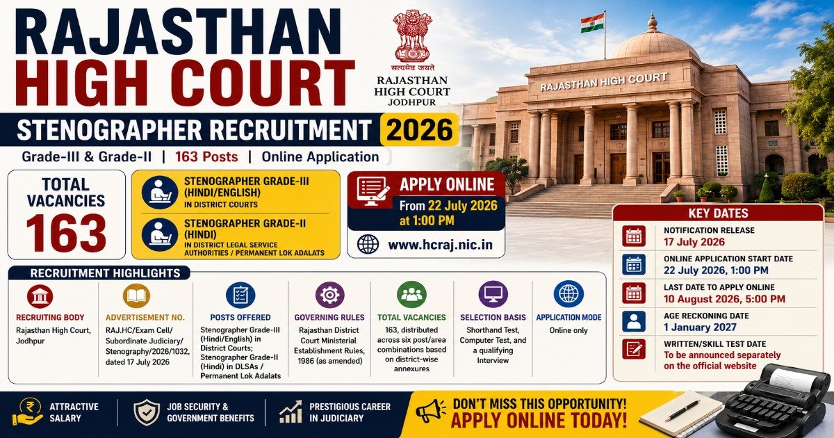 Rajasthan High Court Stenographer Recruitment 2026 notification for 163 Grade-III and Grade-II vacancies with application dates, eligibility, salary and selection process.