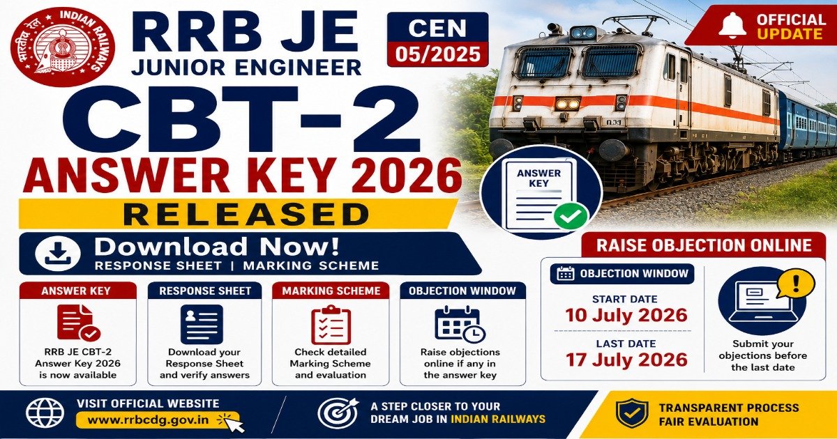 RRB JE CBT-2 Answer Key 2026 released for CEN 05/2025 with response sheet download, marking scheme, objection window from 10 to 17 July 2026.