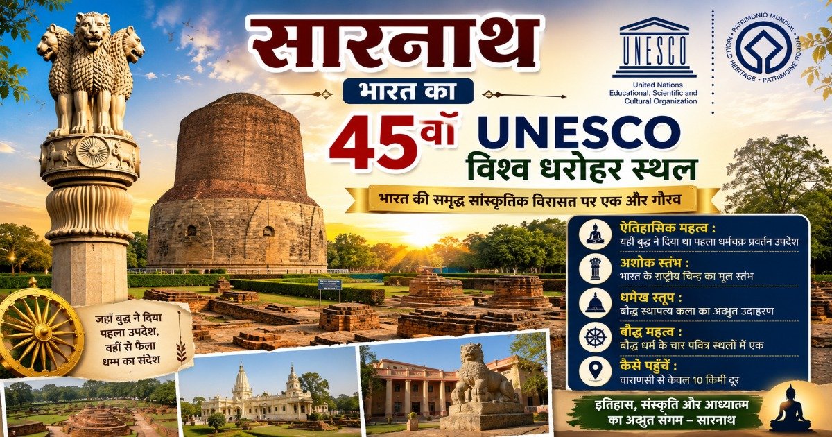 सारनाथ भारत का 45वाँ UNESCO विश्व धरोहर स्थल – अशोक स्तंभ, धमेख स्तूप और बौद्ध विरासत का चित्र।