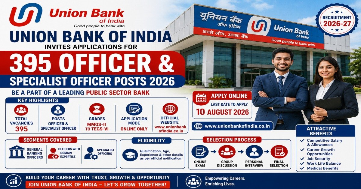 Union Bank of India Recruitment 2026 notification for 395 Officer and Specialist Officer vacancies with eligibility, salary, selection process and online application details.