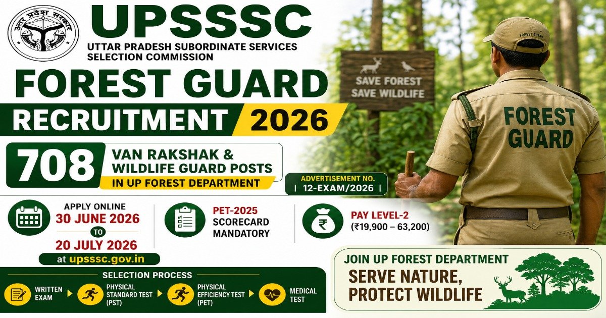 UPSSSC Forest Guard Recruitment 2026 notification for 708 Van Rakshak and Wildlife Guard posts with PET 2025 eligibility, application dates, and selection process.